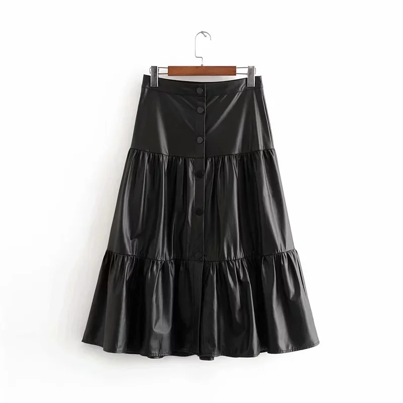 

C5284-2586 WOMEN'S Dress New Products Flounced PU Leather Mid-length Skirt