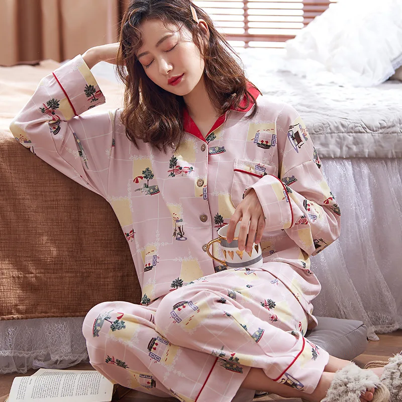

77143 # Trees House Cardigan Am Long Sleeve Pajamas Pure Cotton Homewear Set Plus-sized