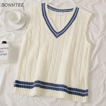 

Sweater Vest Women Striped V-neck Sleeveless Korean Leisure Students Daily School High Quality Clothing Spring Womens Streetwear
