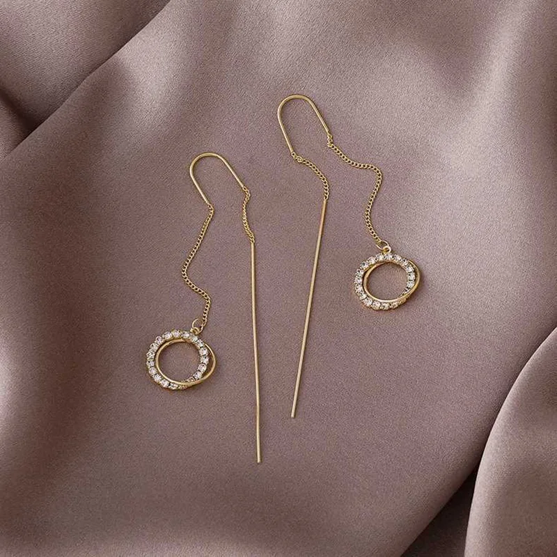 Women Dangle Drop Long Earrings Zircon Charm Bride Wedding Gold Color Tassel