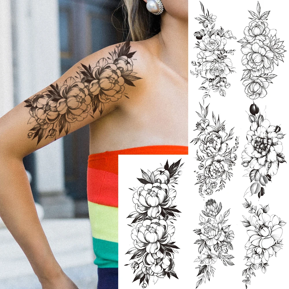 

Сексуальные поддельные временные татуировки с камелией для женщин, креативные черные маргаритки, ромашки, Переводные татуировки, большой жасмин, кровь, татуировка, рука для тела