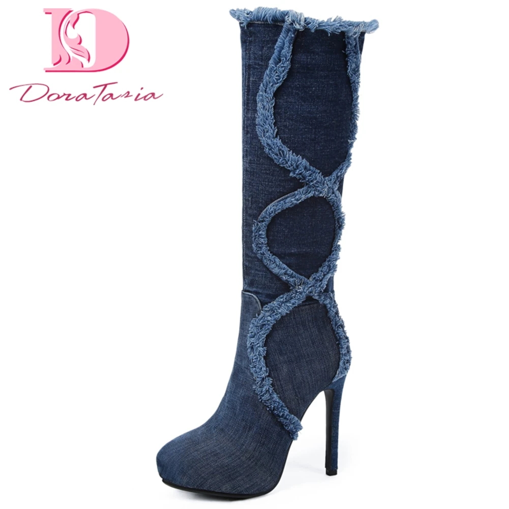 

Doratasia Thin High Heels Denim Boots Woman Shoes Winter Sexy Party Platform Nightclub Women Knee High Boots Fashion Big Size 43