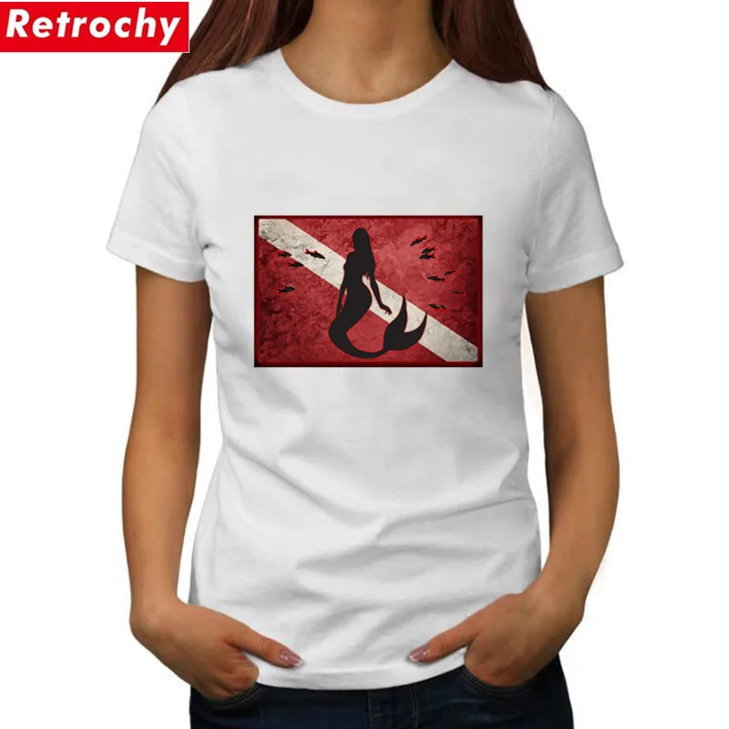 

Women Stylish Mermaid T Shirt Red Flag New Pattern Scuba Diving T-shirt Female Funny Scuba Diver Tshirt Dive Lovers Perfect Gift