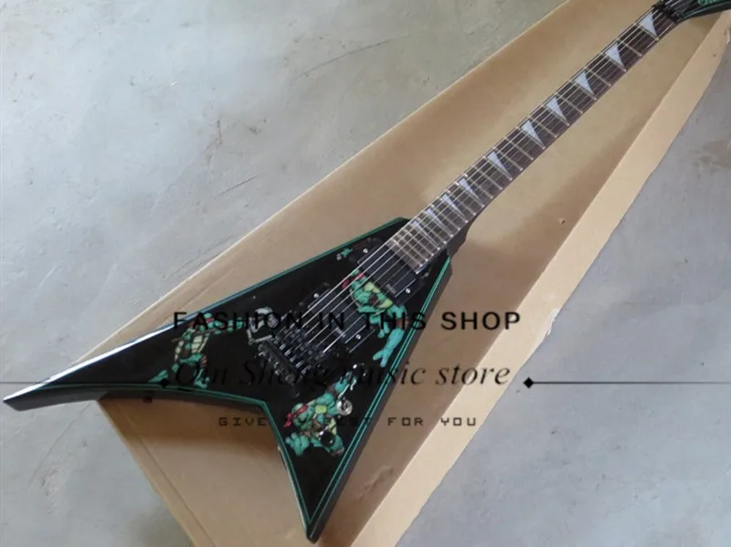 

free shipping custom irregular V shape electric guitar with pattern body,black guitar,tremolo bridge,HH pickups,black hardware