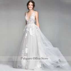 Lace Appliques Wedding Dress 2022 V-Neck Backless A-Line Tulle Wedding Dress Bridal Dress Vestidos De Novia Custom Made