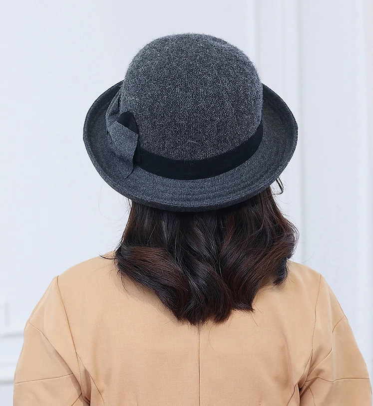 FS Fashion Gray Purple Women Wool Felt Bucket Hats Vintage Ladies Cloche Derby Bowler Cap with Bowknot Elegant Autumn Winter