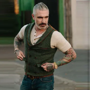 

Vest Men 2020 Spring Men's Suit Vest V Neck Wool Herringbone Tweed Casual Waistcoat Formal Business Vest Groomman For Green