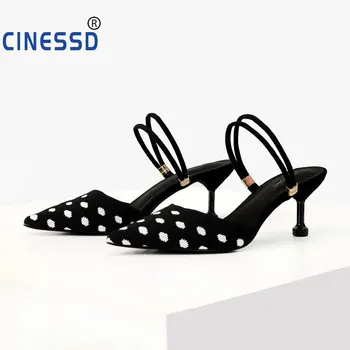 

CINESSD Polka Dot Med Heel Women Sandals Pointed Toe Elastic Fabric Mules Sandals Shoes Elegant Heel Summer Women Black Sandals