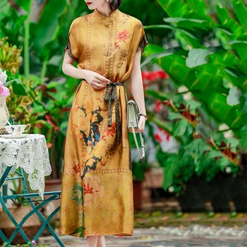 

2020 OL Brand Short sleeve Dress 100% Real Silk Satin Belted Dress Women Stand Collar Printing Dress Female Luxurious Dress 3XL