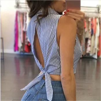 

Sexy Striped Blouses Women Sexy Bowknot Backless Shirts Sleeveless V-Neck Blusas Women Bandage Tops Plus Size Female
