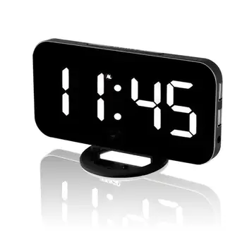 

USB Mirror LED Digital Alarm Clock Radio Automatic Adjustable Light Snooze Bedsides Table Electronic Temperature Display Clock