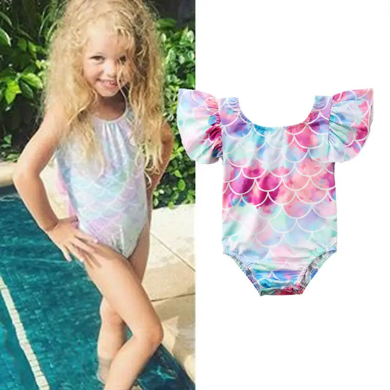 

Cute Toddler Kid Baby Girl One Piece Suit Swimwear Swimsuit Bikini Bathing Suit Clothes Ruffle Sleeve Backless Beach Suits