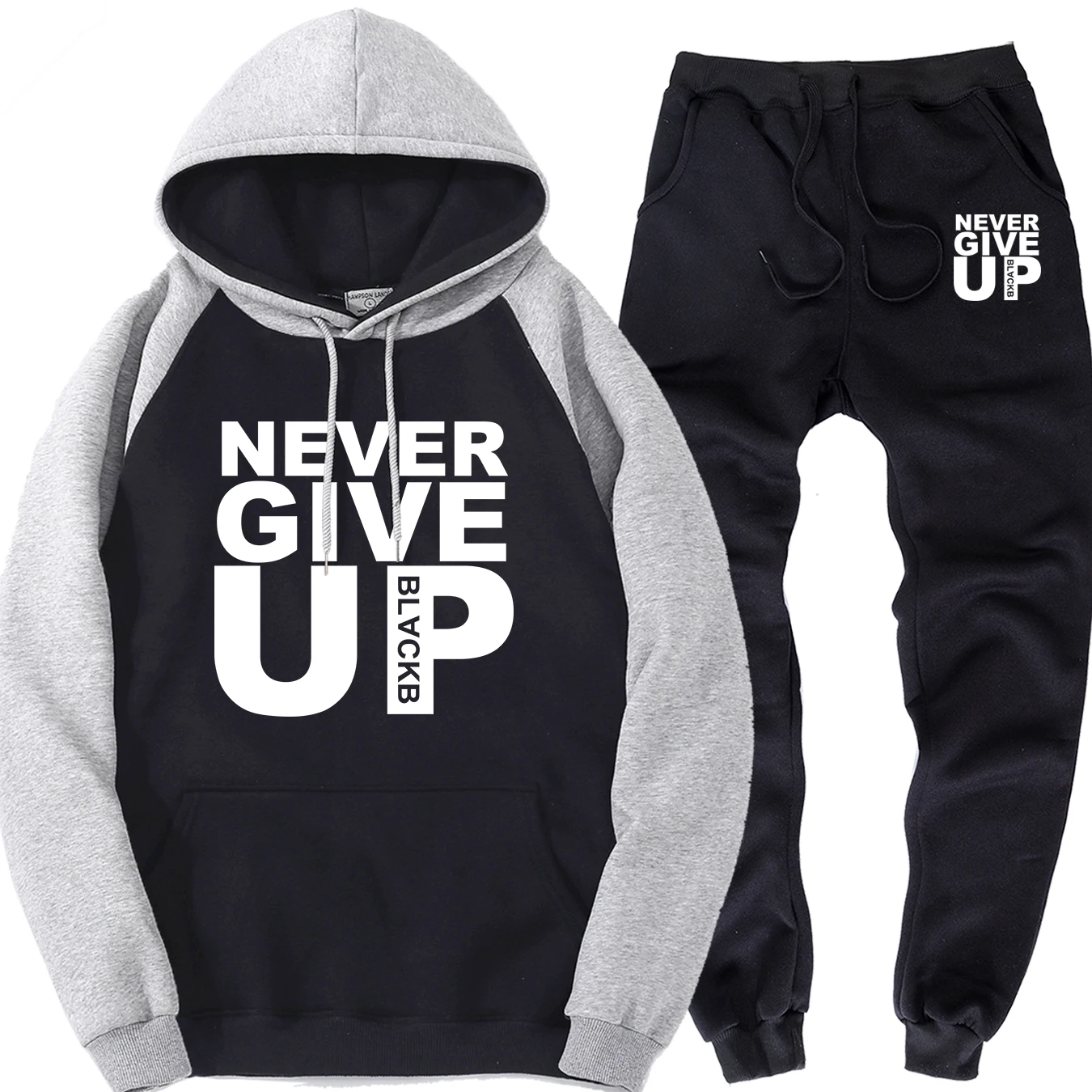 Never Give Up Мужской пуловер реглан спортивные штаны осенние флисовые спортивные комплекты уличная теплая толстовка уличные брюки костюмы из 2 предметов - Цвет: gray black 5