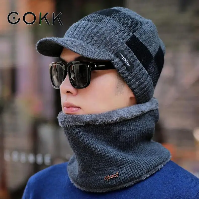 

COKK Korean Thickened Men Knitted Hat Scarf Set Velvet Thickening Set Ear Protect Warm Beanies Collars Sets Skullies Beanies New