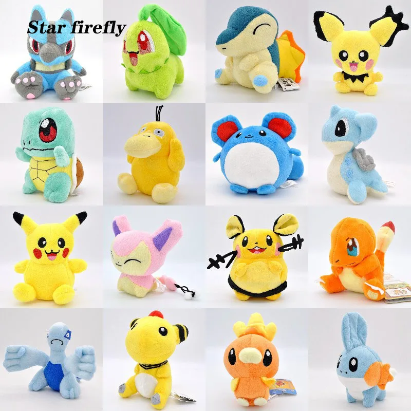 

Cute plush toy Pikachu Bulbasaur Charizard Squirtle Psyduck Snorlax Dragonite Mewtwo Blastoise Eevee soft stuffed movie toy