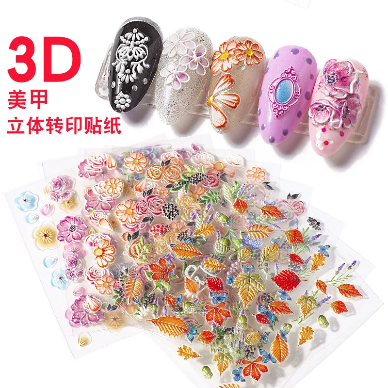 

1 Sheet 5D Nail Stickers Embossed Nail Sticker Slice Flower Transfer Sticker Nail Art DIY Design 3D Decoration Nail Art