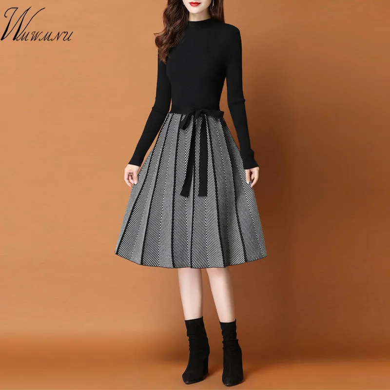 

Elegant Knitted Sweater pleated Dress Female Autumn Winter Dress Long Sleeve Sweater Women Dress Office Lady Casual Midi Dress