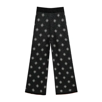 

2020 summer women's new retro high waist elastic waist knit pants knitted metal color line detail decorative printed pants