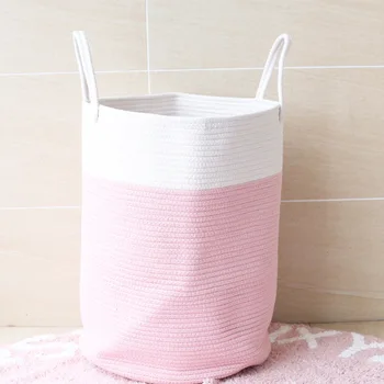 

Cotton Rope Woven Laundry Basket Pompom Ornaments Washing Dirty Clothes Storage Bin Kids Toys Foldable Hamper