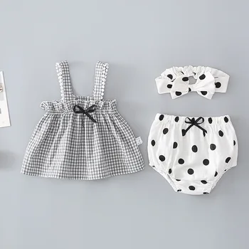 

0-2 Years Summer Baby Girl Clothing Set Plaid Dress Headband and Pants 3pcs Outfit Infant Baby Girls Clothes Set