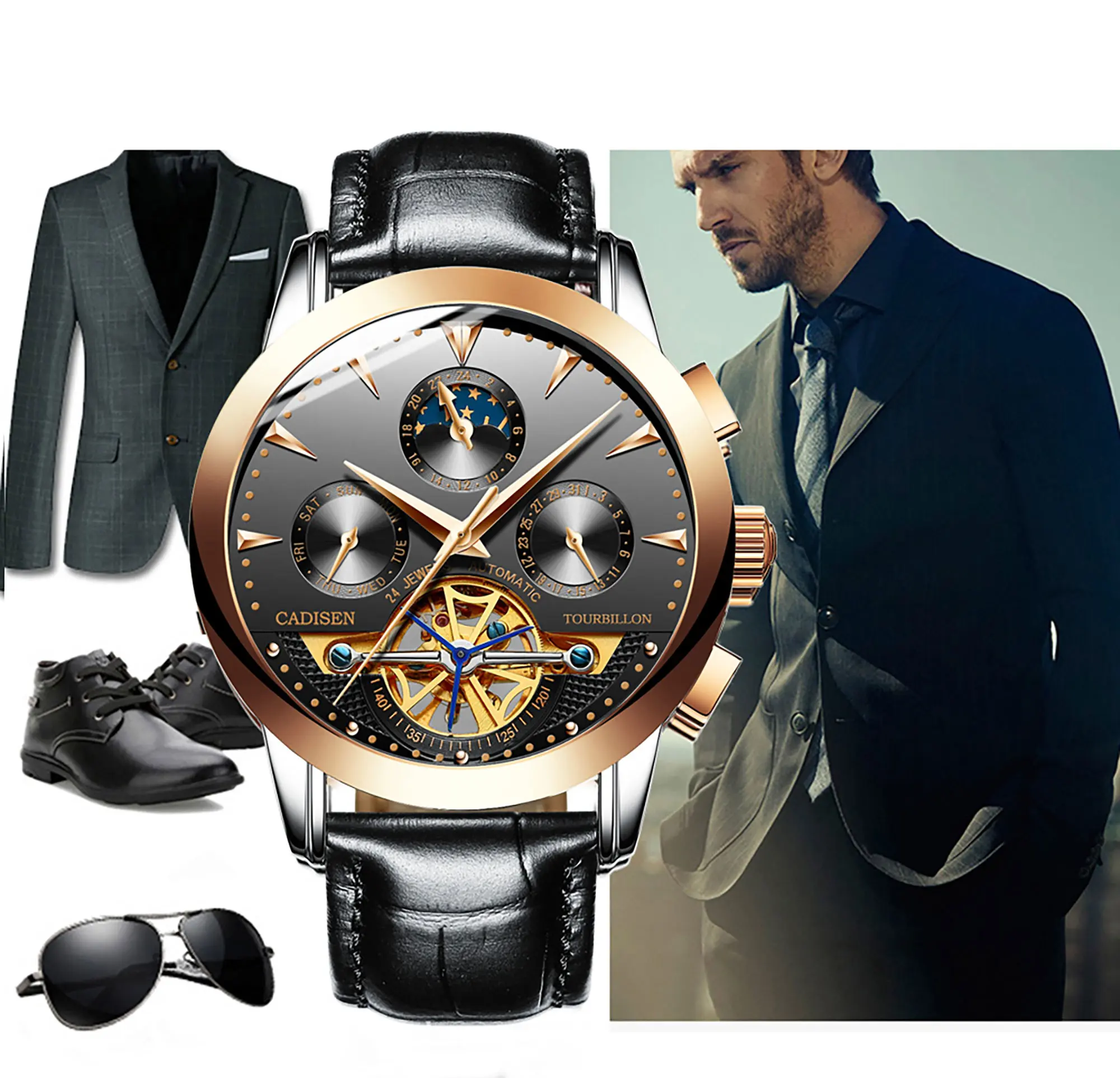 CADISEN Брендовые мужские часы, автоматические механические часы, Tourbillon, спортивные часы, кожаные, повседневные, деловые, наручные часы, Relojes Hombre