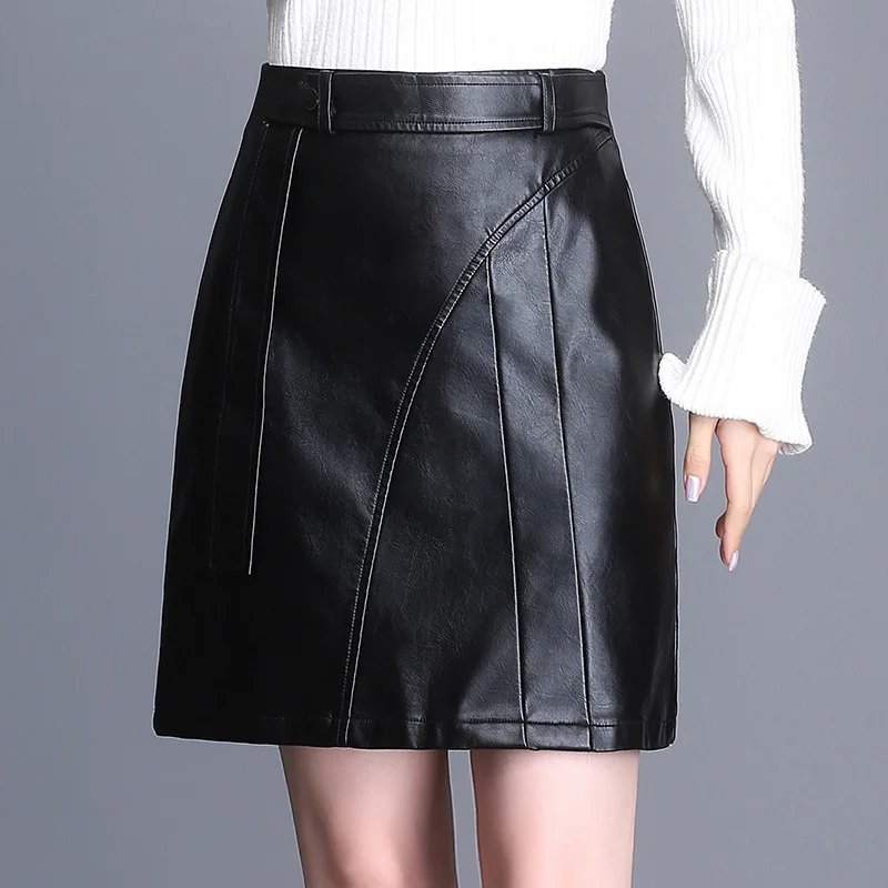 Новинка, осенне-зимние юбки из искусственной кожи, женская черная короткая юбка, M-4XL размер, женские юбки трапециевидной формы с высокой талией