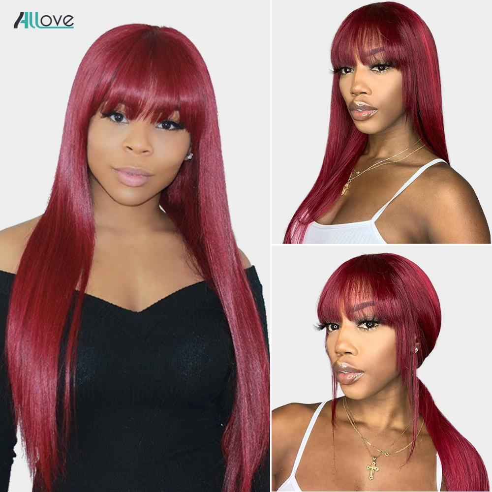 Allove Straight Human Hair Wigs with Bangs Fringe Wig Human Hair Glueless Full Machine Wig Highlight Brown Blonde Burgundy Wig