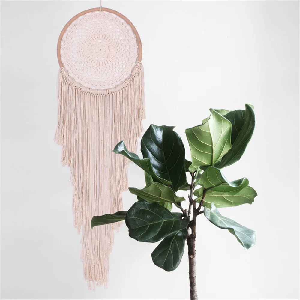 

Hand-Knitted Dream Catcher New Creative Beige Tapestry Wood Circle Cotton Thread Wall Mural Pendant TV Decoration Tassel Curtain