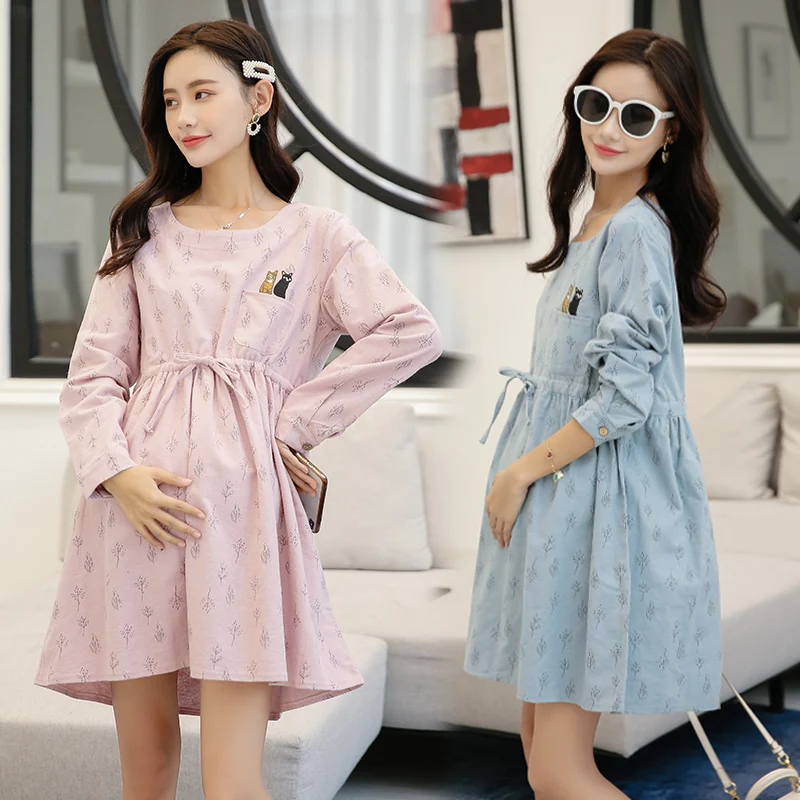 

2019 New Autumn/Winter Long Sleeve Maternity Cotton And Linen Fashion Printing Pregnant Women Drawstring Waist Empire Dress Cute