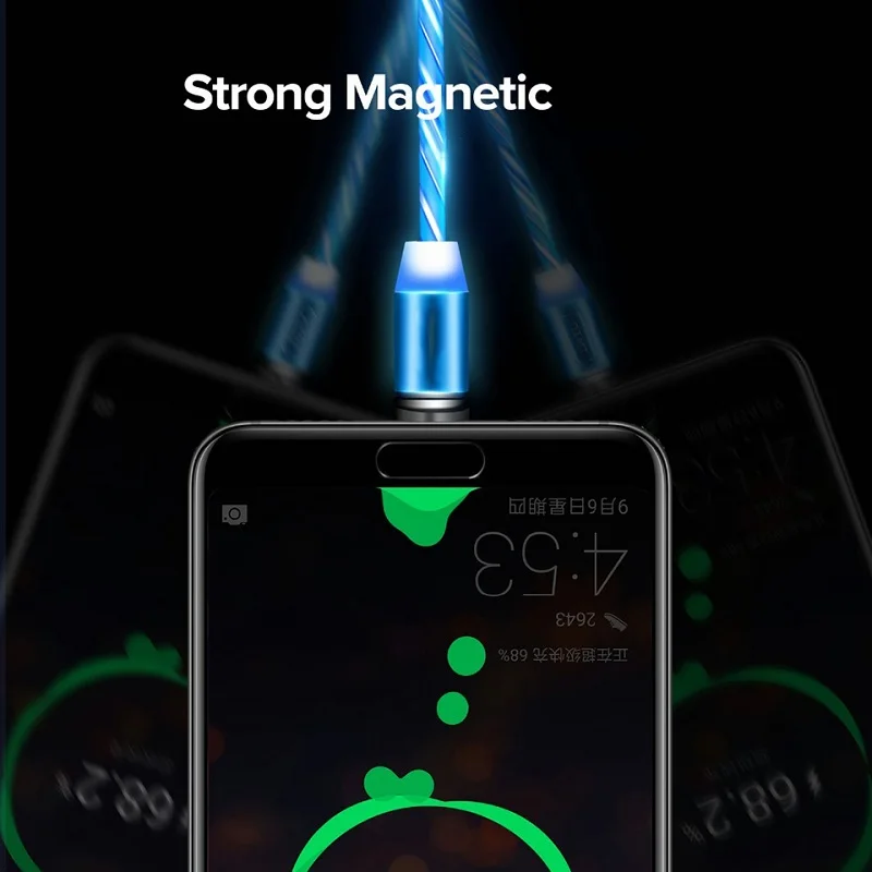 LED Lighting Magnetic USB Cable Flow Luminous Phone Cable for iPhone Type C Micro Data Wire for Apple Samaung Huawei Micro Kable