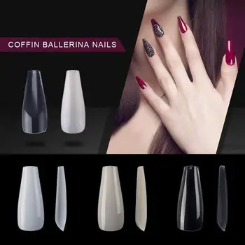 

100Pcs/Box Long Ballerina Nails Clear Coffin Fake Tips ABS Full Cover Pointed Fasle Manicure Charms White Natural