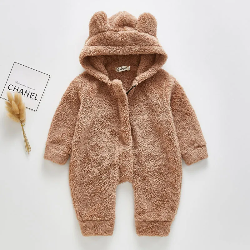 Newborn Baby Romper Girls Boys Winter Cartoon Bear Plush Jumpsuit Cotton Keep Warm Go Out Romper Baby Clothes - Цвет: B94H03    brown