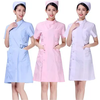 

Women Short Sleeves Solid Color Hospital Doctor Uniform Scrub Tops Medical Services Lab Coat Adult Nurse Dress Costume 2020