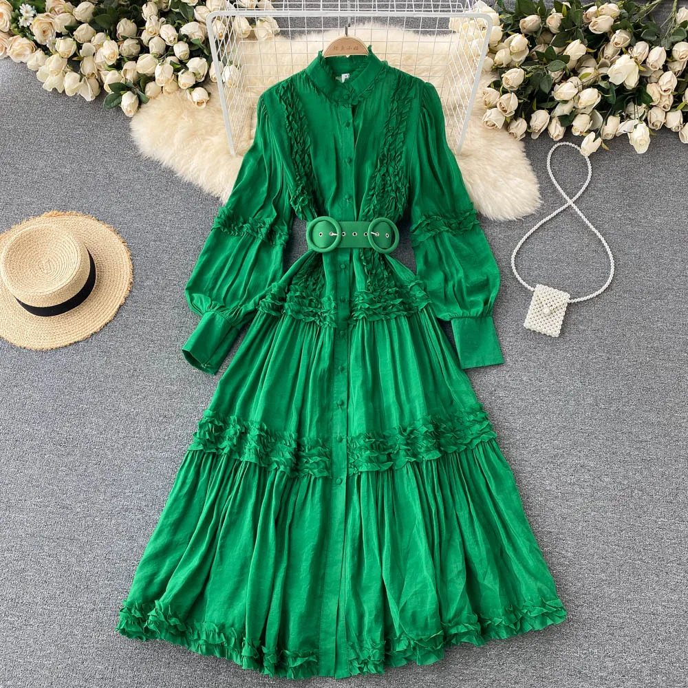 

VANOVICH Edible Tree Fungus Large Swing Dress 2022 Autumn New Style Waist Belt Retro Long-sleeved Shirt Mid-Calf Dress