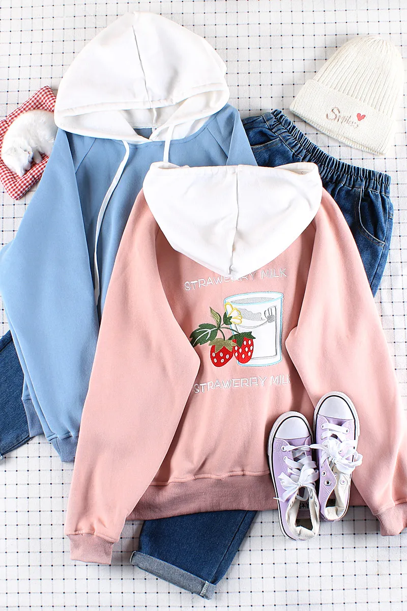 Harajuku Japanese Cute Strawberry Embroidery Sweatshirt Plus velvet Hoodie Women's Loose Hooded Hoodie Preppy Style women Tops