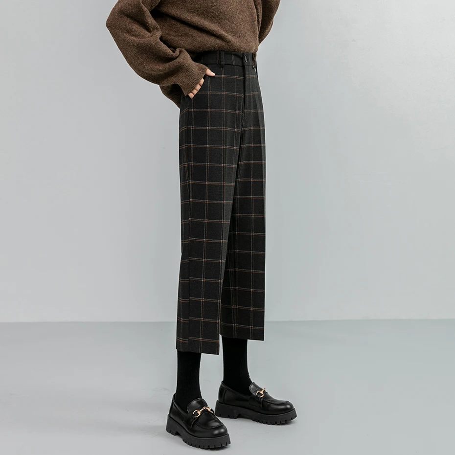 3XL Woolen Plaid Thickened Autumn Winter Women's High Waist Straight Pants Loose Ankle-Length Pants Female Boots Pants Plus Size
