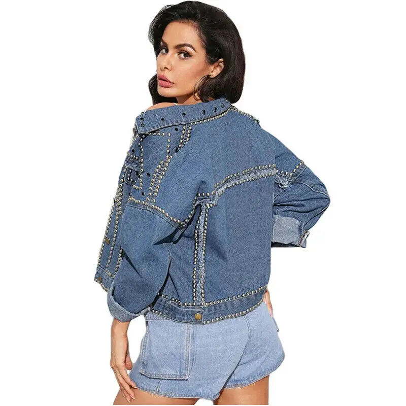 price cut  Fashion Women Denim Coat Heavy Hand Beaded Rivet Short Jeans Jackets Spring Autumn Casual Loose Sin