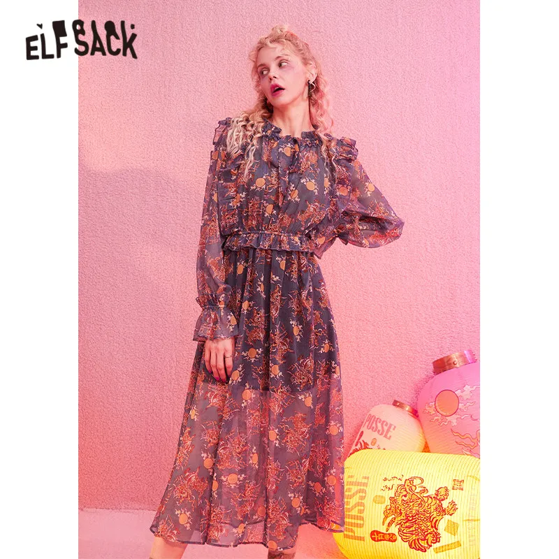 ELFSACK, синее, Kylin, с принтом, шифоновое, Повседневное платье, для женщин, зима, китайский стиль, с оборками, рукав, для офиса, для девушек, Базовые платья