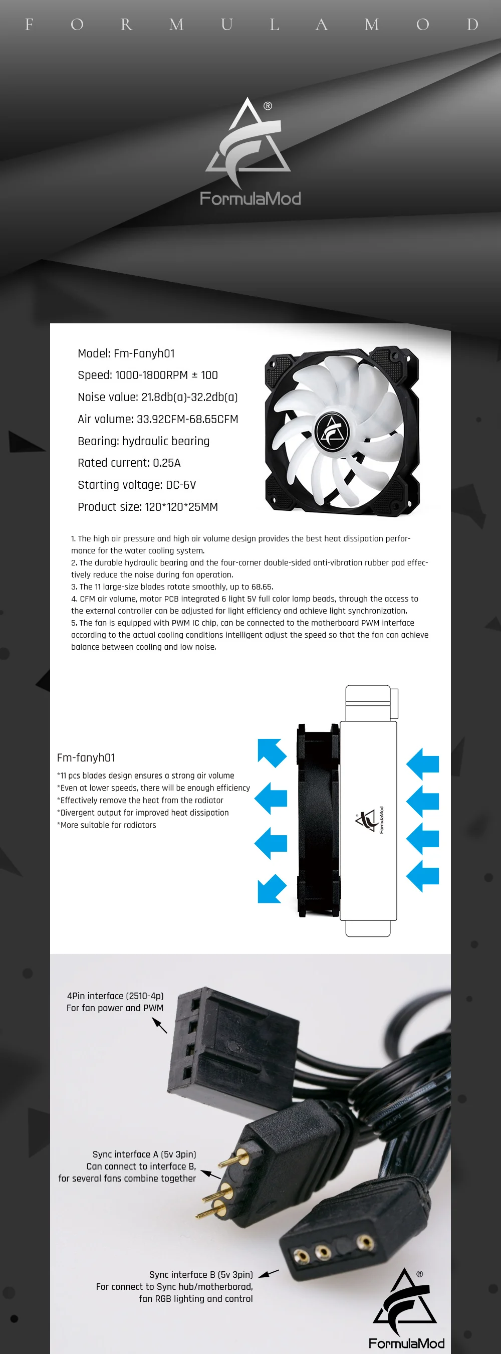 FormulaMod Fm-Fanyh01 120mm PWM Fan 5v 3Pin RGB Multipurpose Radiator Cooler Hydraulic Bearing 11 Large-size Blades