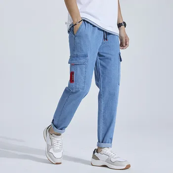 

#1453 Spring Summer Casual Denim Jeans Men Blue Black Men Jeans Side Pockets Elastic Waist Denim Joggers Regular Fit Cargo Jeans