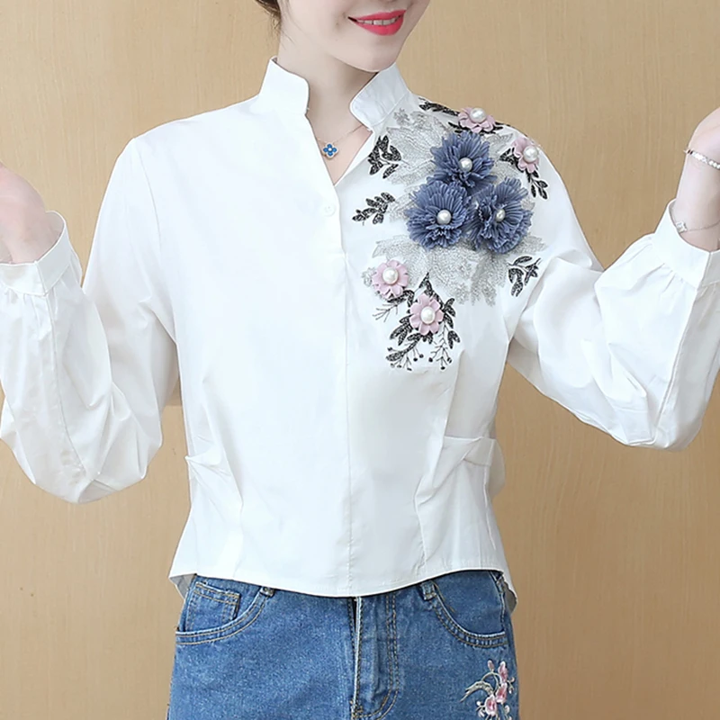 

LJSXLS Blusas De Mujer 2020 Autumn Korean Fashion Women Clothes Embroidery V Neck Blouse Long Sleeve Plus Size White Shirt Femme