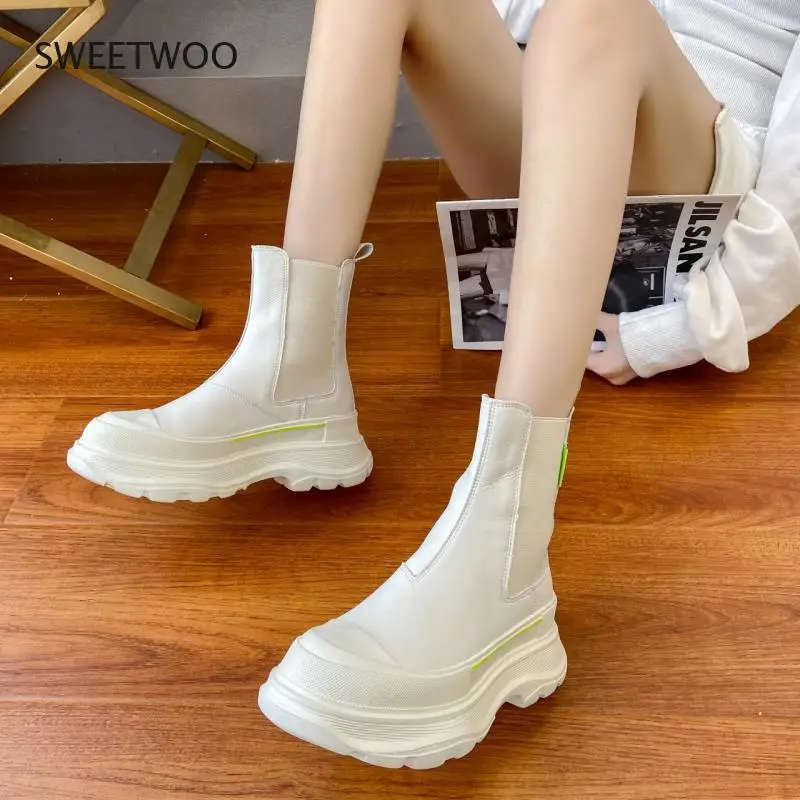 2021 Winter Ankle Boots For Women Platform Boots Chunky Black Leather Brand Fashion White Black Round Toe Boots Shoes Woman