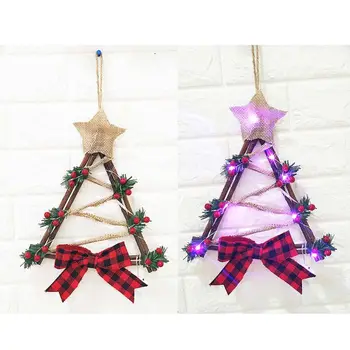 

Christmas Wreath Garland Door Window Wall Hanging Ornament Decoration Rattan with Bow Pine Cones Red Berries and 10 Clear Lights