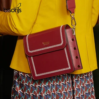 

BISONJS Leather Crossbody Bags For Women 2020 Vintage Embroidery Shoulder Messenger Bag Ladies Small Rivet Travel Handbag B1938