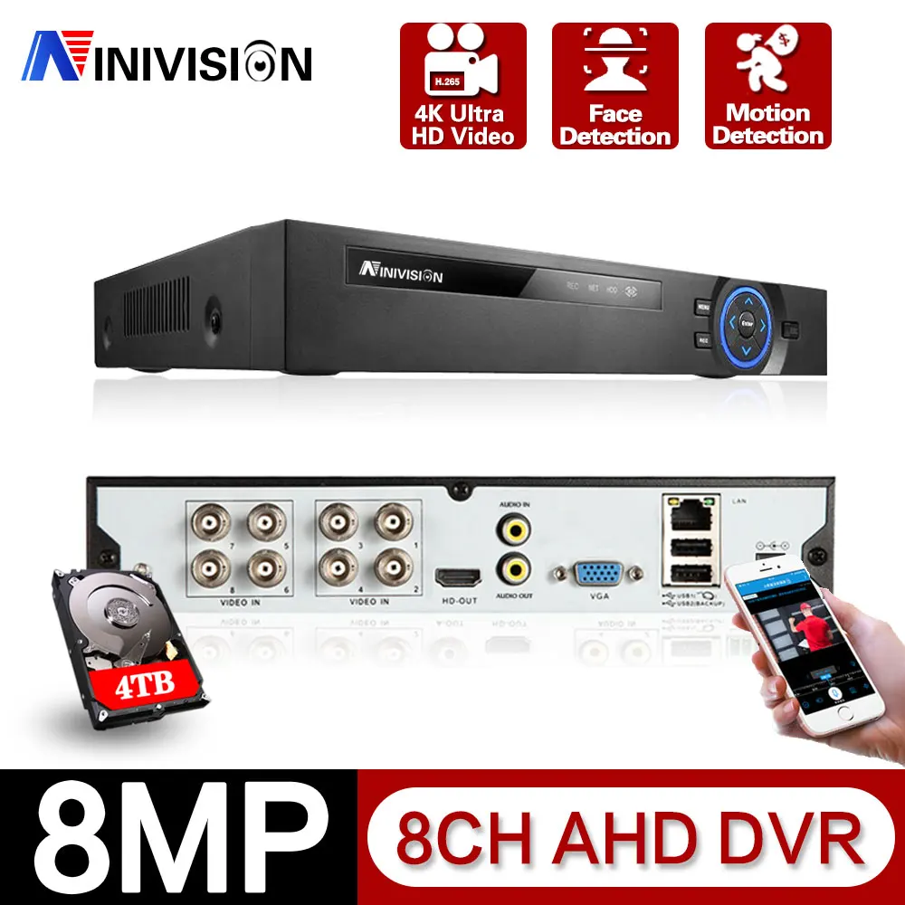 Гибридный видеорегистратор H.265 + 4CH 8CH 8MP AHD DVR с функцией распознавания лица