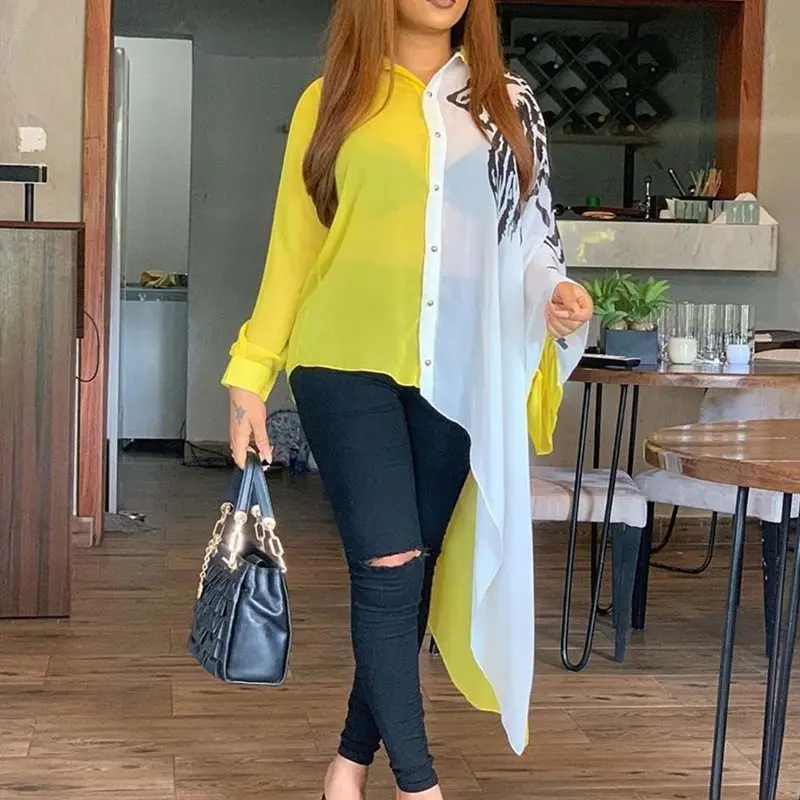 

Spring Summer Asymmetric Contrast Color Long Sleeve Long Blouse Shirt Women Yellow White Plus Size Sexy Transparent Oversize 4XL