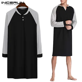 

Men Patchwork Sleep Robes Leisure Long Sleeve V Neck Homewear Mens Comfortable Nightgown Loose Bathrobes Masculina S-5XL INCERUN