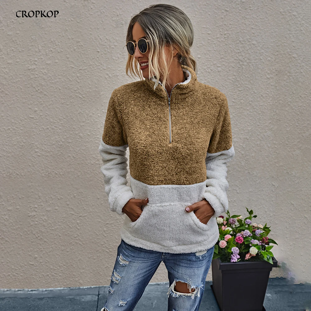 Sweatshirt Women Autumn Winter Plush Pastel Clothes Black Stitching Patchwork Long Sleeve Zip Up Tops Pullover Sweatshirts 2020 | Женская