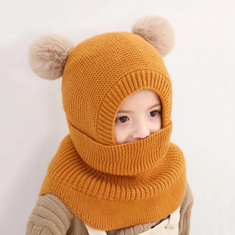 Зимняя шапка, шапочки, шапочка для мальчиков, детские вязаные шерстяные теплые шапки с двумя помпонами, защищающие шею лица, шапки-ушанки для девочек 2-6 лет