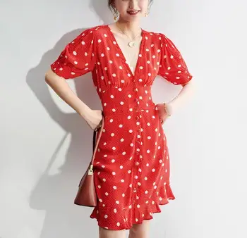 

Ladies dress sweet Polka Dot Print V-Neck Short Sleeve Ruffle mini Dress